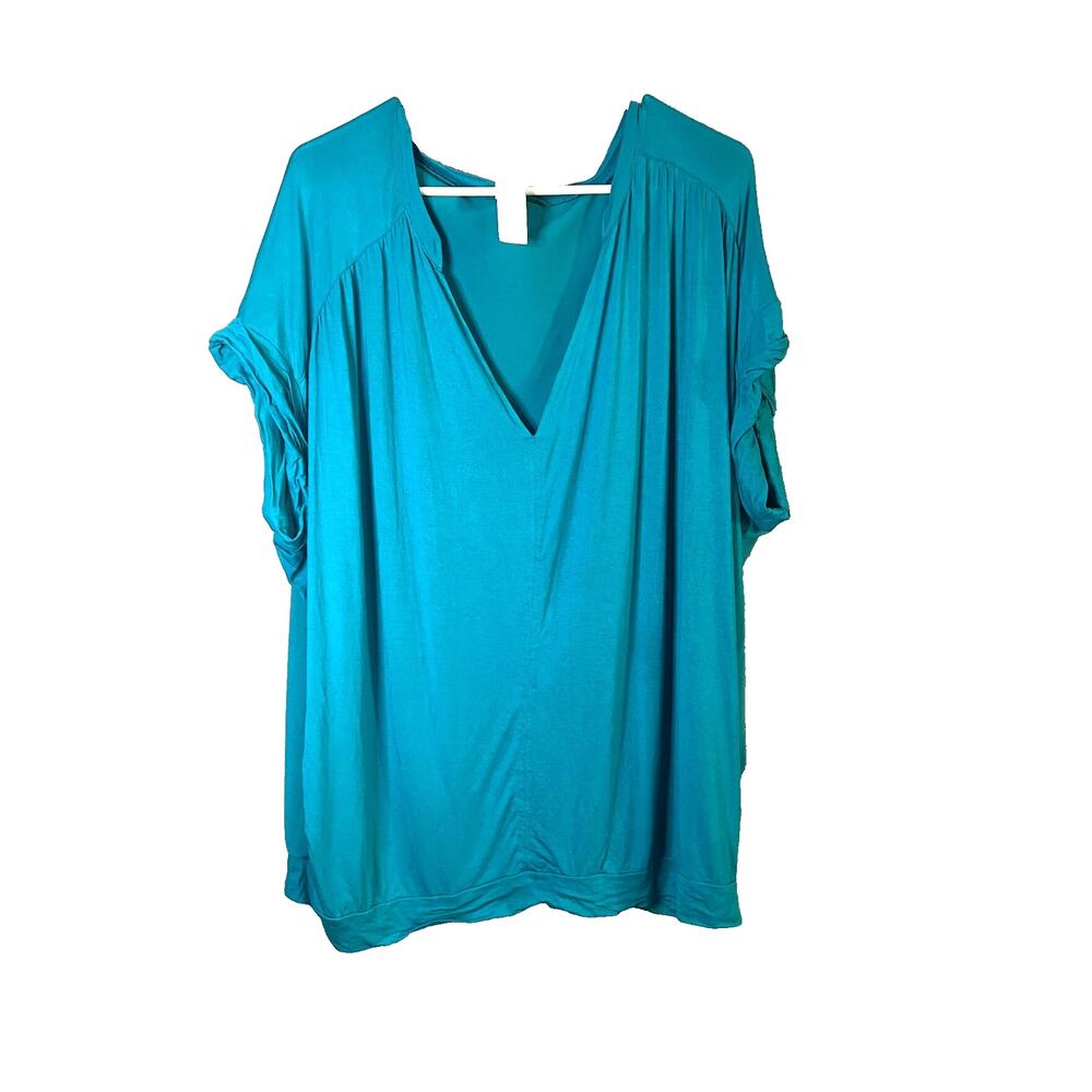 Teal Womens V neck Tunic Blouse Short Sleeve Sheer Back Feminine Flowy 1X/2X